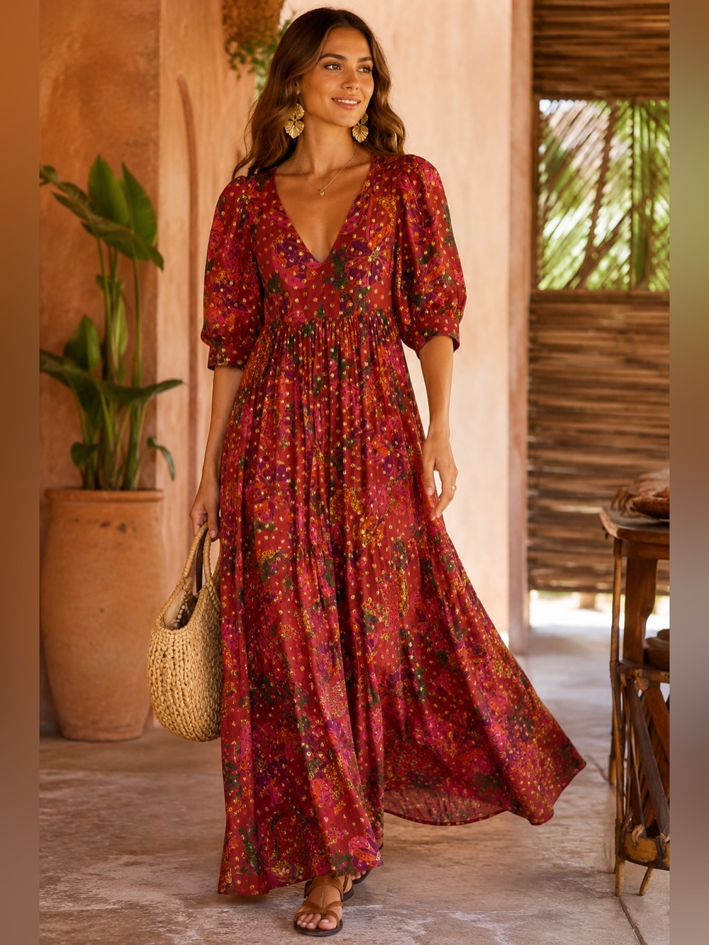 Farm Rio Banana Flowers Metallic Floral Maxi Dress NWOT Small